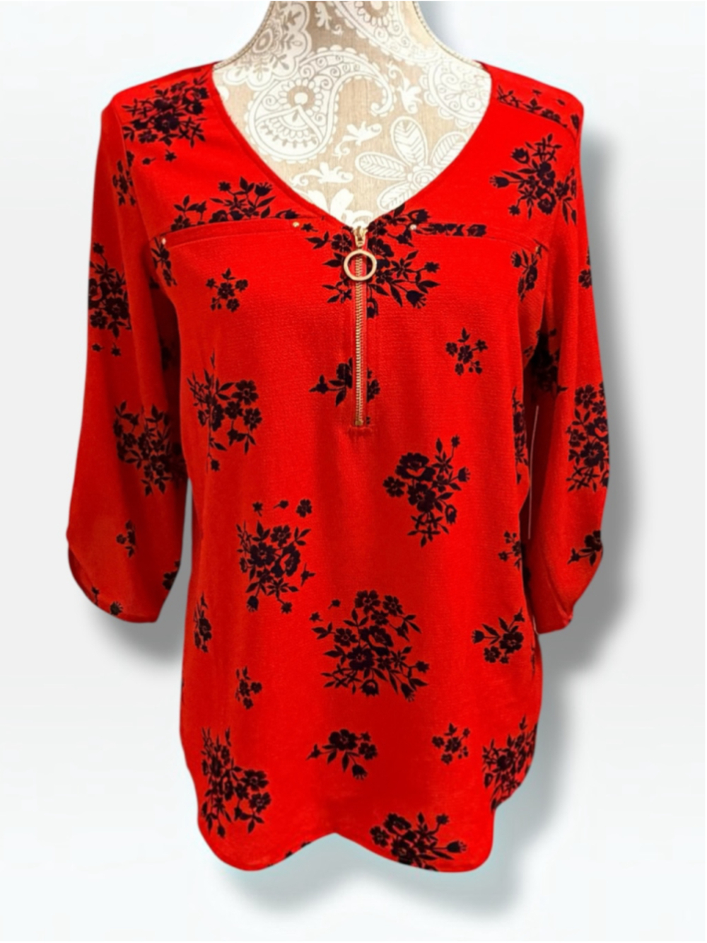 Tempted Los Angeles Red Black Floral Blouse Zip V Neck Roll Tab Sleeve M NWT